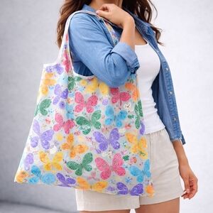 Colorful Butterfly Foldable Reusable Large Tote Bag with Pouch